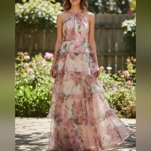 Speechless Floral Halter Neck Tiered Maxi Dress Pink Ruffle Layered Formal 7 NWT